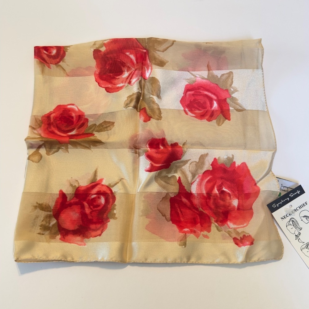 Symphony Scarfs Red‎ Rose Floral Gold Striped Neckerchief Made in Italy NWT